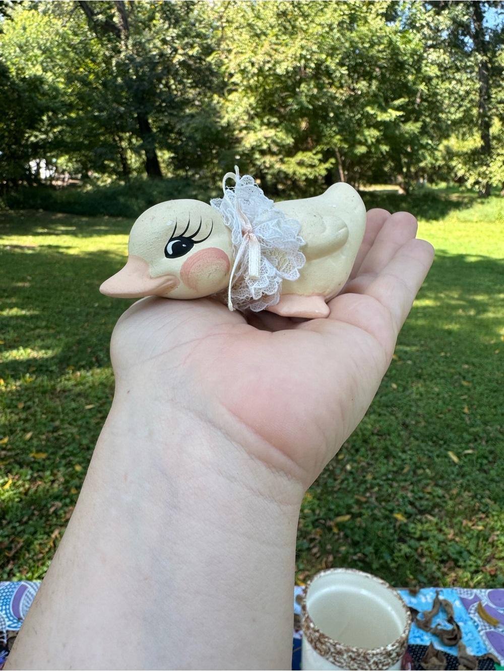 Vintage Cream/pink Decorative Duck Figurine with Lace Collar